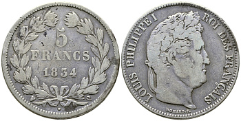 Франция 5 франков 1834 Q, Луи Филипп I (1830-1848) KM 749.11 серебро 4386-313