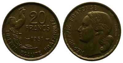 ФРАНЦИЯ 20 ФРАНКОВ 1951 ПЕТУХ, 4 ПЕРА KM 917.1, LE FRANC 402.7 алюминивая бронза 261-824