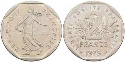 ФРАНЦИЯ 2 ФРАНКА 1979 СЕЯТЕЛЬ KM 942.1, LE FRANC 272.3 никель 3855-711