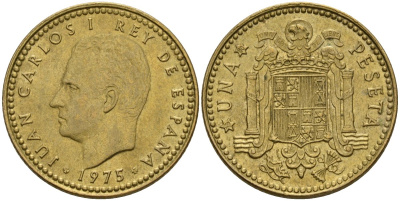 Испания 1 песета 1975 (80) Хуан Карлос I (1975-2014) KM 806 алюминиевая бронза 4604-251