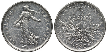 Франция 5 франков 1990 сеятель KM 926а.1, Le Franc 341.22 никель плакированный медно-никелем 4123-515