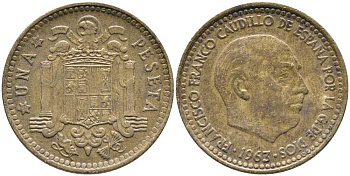 ИСПАНИЯ 1 ПЕСЕТА 1963 (65) ФРАНСИСКО ФРАНКО ДИКТАТОР ИСПАНИИ (1939-1975) KM 775 алюминиевая бронза 110-1156