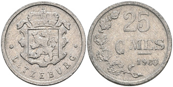 Люксембург 25 сантимов 1960 KM 45а алюминий 4567-663