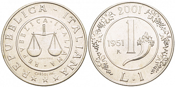 ИТАЛИЯ 1 ЛИРА 2001 РОГ ИЗОБИЛИЯ KM 220 серебро UNC 1087-4-15