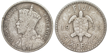 Фиджи 6 пенсов 1935 Георг V (1910-1936), черепаха KM 3 серебро    4606-117