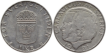 Швеция 1 крона 1981 Карл XVI Густав (1973- ) KM 852 медь плакированная медно-никелем 4397-1017