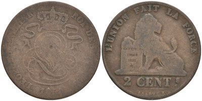 БЕЛЬГИЯ 2 САНТИМА 1859 BELGES KM 4.2 медь 4556-237