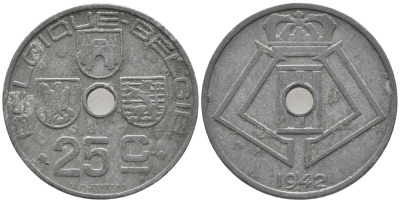 БЕЛЬГИЯ 25 САНТИМОВ 1942 BELGIQUE-BELGIE, ГЕРМАНСКАЯ ОККУПАЦИЯ ВТОРАЯ МИРОВАЯ ВОЙНА KM 131 цинк 34-352