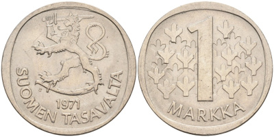 ФИНЛЯНДИЯ 1 МАРКА 1971 S KM 49a медно-никель 4563-513
