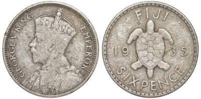Фиджи 6 пенсов 1935 Георг V (1910-1936), черепаха KM 3 серебро    4606-117