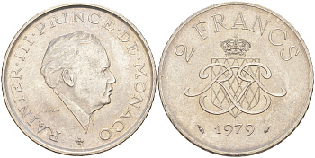 Монако 2 франка 1979 Ренье III (1949-2005) KM 157 никель 190-547
