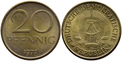ГДР 20 пфеннигов 1971 А KM 11 латунь UNC 54-1612