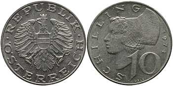 АВСТРИЯ 10 ШИЛЛИНГОВ 1974 KM 2918 никель плакированный медно-никелем 33-642