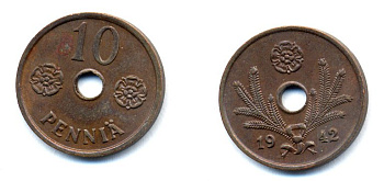 ФИНЛЯНДИЯ 10 ПЕННИ 1942 KM 33.1 медь 51-4956