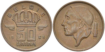 Бельгия 50 сантимов 1969 Belgie, Бодуэн I (1951-1993) KM 149.1 бронза 3458-116