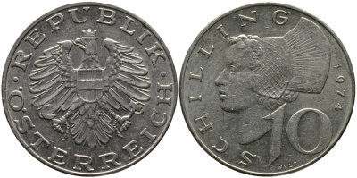АВСТРИЯ 10 ШИЛЛИНГОВ 1974 KM 2918 никель плакированный медно-никелем 33-642