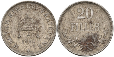 Венгрия 20 филлеров 1920 КВ, Карл I (1916-1918), редкий год KM 498 железо 4151-1025