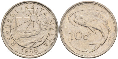 Мальта 10 центов 1986 золотая макрель KM 76 медно-никель 4588-145