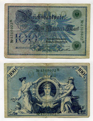 ГЕРМАНИЯ 100 МАРОК 1908 7 ФЕВРАЛЯ 1908, ЗЕЛЕНАЯ ПЕЧАТЬ, РЕПРИНТ (1918-1922) Pick 34 бумага 8619-37-1-1