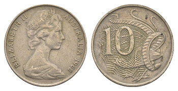 Австралия 10 центов 1968 Елизавета II (1952-2022), птица лирахвост KM 65 медно-никель 4364-4511