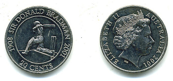 Австралия 20 центов 2001 крикет, сэр Дональд Брэдман KM 589 медно-никель UNC 00-00