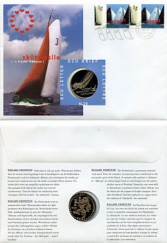 Нидерланды 1 экю 1997 Парусная лодка, в оригинальном конверте, с марками, первый день гашения X 223 медно-никель BU 4-3-8-16