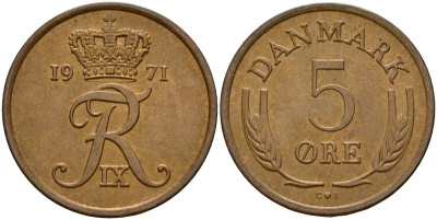 Дания 5 эре 1971 C; S, Фредерик IX (1947-1972) KM 848 бронза 4187-1147