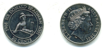 Австралия 20 центов 2001 крикет, сэр Дональд Брэдман KM 589 медно-никель UNC 00-00