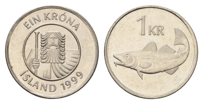 Исландия 1 крона 1999 треска KM 27a сталь плакированная никелем UNC 4687-849