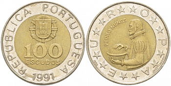 Португалия 100 эскудо 1991 Педру Нуниш (1502-1578), математик KM 645.1 биметалл 77-544