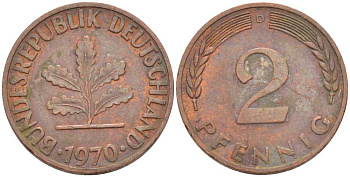 ФРГ 2 ПФЕННИГА 1970 D KM 106а, J.381а сталь плакированная сталь плакированная медьюю 66-745