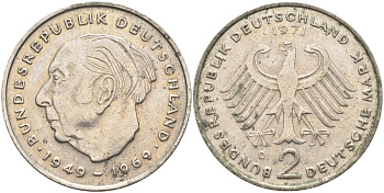ФРГ 2 марки 1971 D , Теодор Хойс, 20 лет Федеративной Республике (1949-1969) KM A127, J. 407 медно-никель плакированный никелем 4139-146