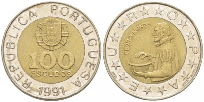 Португалия 100 эскудо 1991 Педру Нуниш (1502-1578), математик KM 645.1 биметалл 77-544