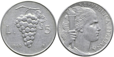 ИТАЛИЯ 5 ЛИР 1949 R, ВИНОГРАД KM 89 алюминий 89-443
