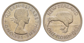 Новая Зеландия 1 флорин = 2 шиллинга 1963 Елизавета II (1952-2022), птичка киви KM 28.2 медно-никель UNC 4650-816