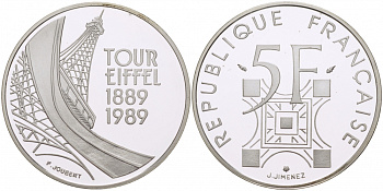 Франция 5 франков 1989 100 лет Эйфелевой башне KM 968a серебро PROOF 1077-7-24