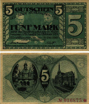 МЮЛЬХАУЗЕН 5 МАРОК 1918 НОТГЕЛЬД, 31 ОКТЯБРЯ 1918 - 1 ФЕВРАЛЯ 1919, ЗЕМЛЯ ТЮРИНГИЯ Geiger 364.01 бумага 6318-39-2-2