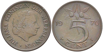 Нидерланды 5 центов 1976 Юлиана (1949-1980) KM 181 бронза 213-1136