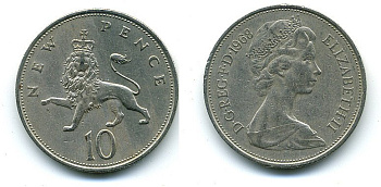Великобритания 10 пенсов 1968 Елизавета II (1952-2022) KM 912, Spink 4231 (F1) медно-никель  4110-1034