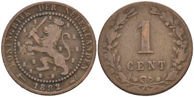 Нидерланды 1 цент 1882 Виллем III (1849-1890) KM 107 бронза 4576-565