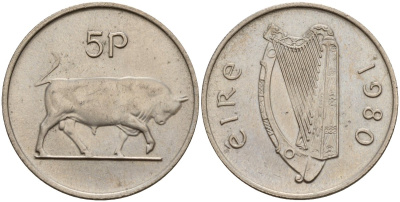 Ирландия 5 пенсов 1980 бык KM 22 медно-никель 4141-312
