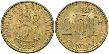 Финляндия 20 пенни 1989 KM 47 алюминиевая бронза 4586-647