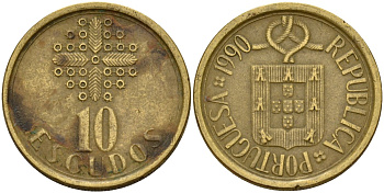 Португалия 10 эскудо 1990 KM 633 никель латунь 4179-624