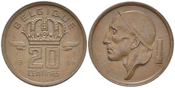 БЕЛЬГИЯ 20 САНТИМОВ 1953 BELGIQUE, БОДУЭН I (1951-1993) KM 146 бронза 116-945