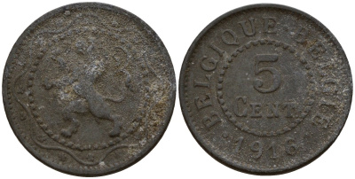 Бельгия 5 сантимов 1916 германская оккупация Первая мировая война, Альберт I (1910-1934) KM 80 цинк 4147-767