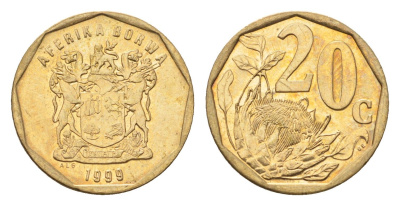 ЮАР 20 центов 1999 герб, цветок протея KM 162 сталь плакированная латунью UNC 4694-914