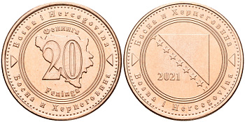 Босния и Герцеговина 20 фенигов 2021 KM 116 сталь плакированная медью UNC 4514-1033