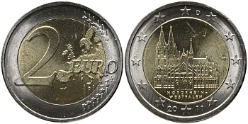 ФРГ 2 евро 2011 D, серия федеральные земли, Северный Рейн-Вестфалия, Кельнский собор KM 293 биметалл UNC 115-1141