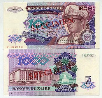Заир 1000 заиров 1989 Мобуту Сесе Секо в военной форме, народный дворец. Образец, Specimen Pick 35s бумага UNC (пресс) 448-40-1