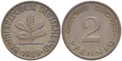 ФРГ 2 ПФЕННИГА 1959 J KM 106, J. 381 бронза 3955-628